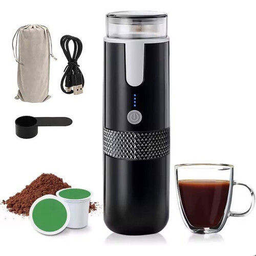 Macchina da caffè portatile da 170 ml, nera, per espresso, caffè macinato e capsule, ideale per casa, ufficio e auto.