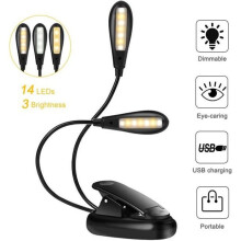 Nabíjateľná čítacia lampa s klipom na 14 LED, flexibilný krk, ochrana očí, nabíjanie cez USB, pokojná biela