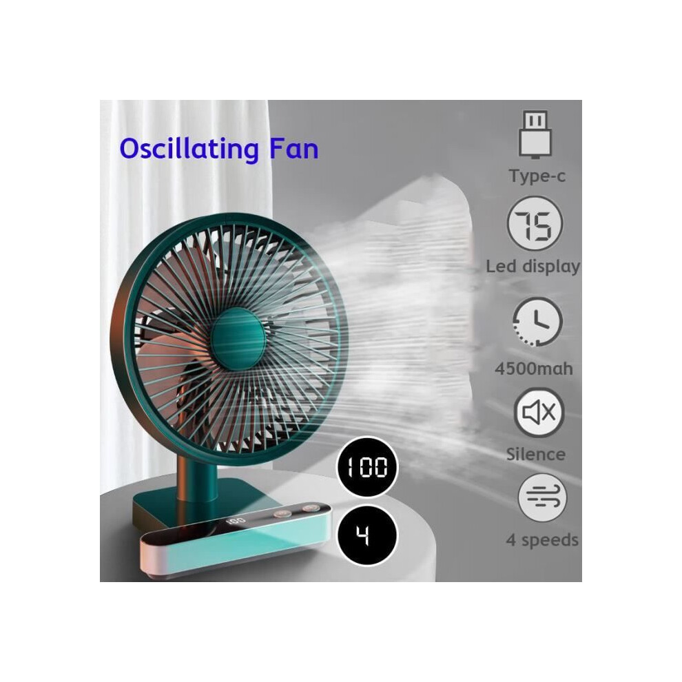 Silent Oscillating Desk Fan, Portable 4000 Mah Battery, 4 Speeds, 180 Degree Rotation, Green 6083684973802