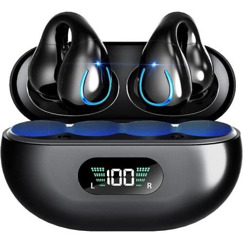 Wireless Bluetooth 5.3 Stereo Earbuds with Touch Control, Clip-on Design and LED Display, Black