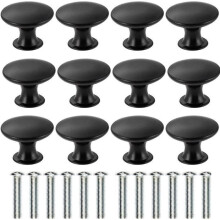 Set of 12 Black Metal Cabinet and Kitchen Cupboard Door Knobs, 30 mm Diameter, Durable Flat Round Design