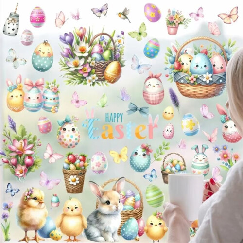 1Set Happy Easter Window Stickers Cute CartoonRabbit Easter Eggs Flowers Glass Sticker Easter Decoration 2