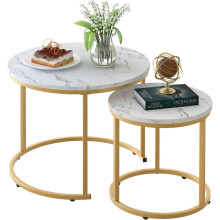 Set of 2 Nesting Coffee Tables Round Gold & White Side Tables for Living Room