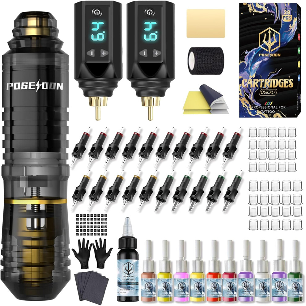 Poseidon Wireless Tattoo Machine Kit With 20 Tattoo Cartridge Needles, Ink Set & 2 Rechargeable Batteries