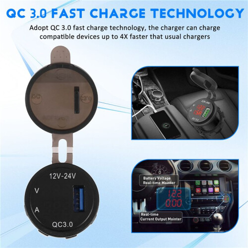 12V / 24V Fast Charging 3.0 Car Cigarette Lighter Socket Usb Charger Led Voltmeter Ammeter Black & Red 2