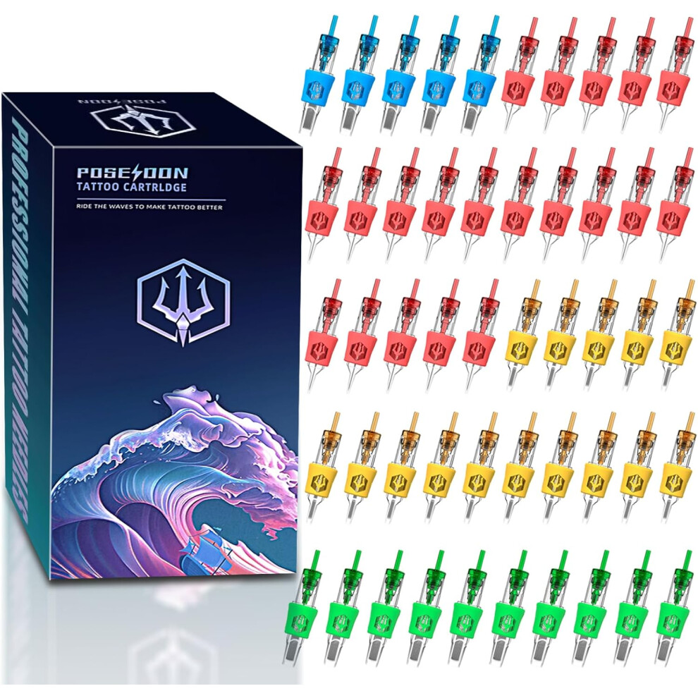 Poseidon 50Pcs Tattoo Cartridge Needles Assorted Mixed Size Round Liner Shader Magnum Curved/Round Disposable Membrane
