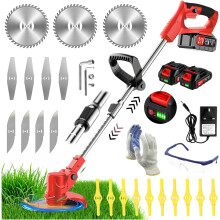 (Red) Cordless Strimmer 21V Electric Grass Trimmer with 2x2.0Ah Battery Fast Charger Garden Trimmer with Metal Blades Lightweight