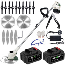 (White-Green) Cordless Grass Strimmer with Metal Blade 2x4.0Ah Battery and Fast Charger，Powerful Electric Garden Grass Trimmer Rechargeable