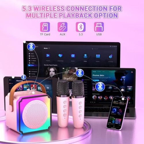 Set di microfoni karaoke wireless per bambini con 2 microfoni, Bluetooth 5.3, cambiavoce e luci LED, microfono portatile per bambini 1