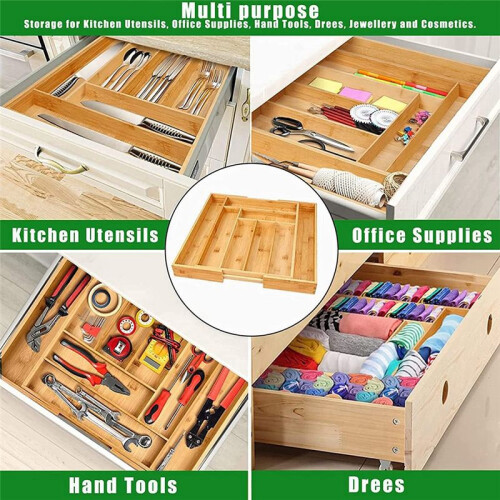 Bamboo Expandable Drawer Organizer, Silverware Organizer for Kitchen, Silverware, Cutlery and Makeup Drawers. 2