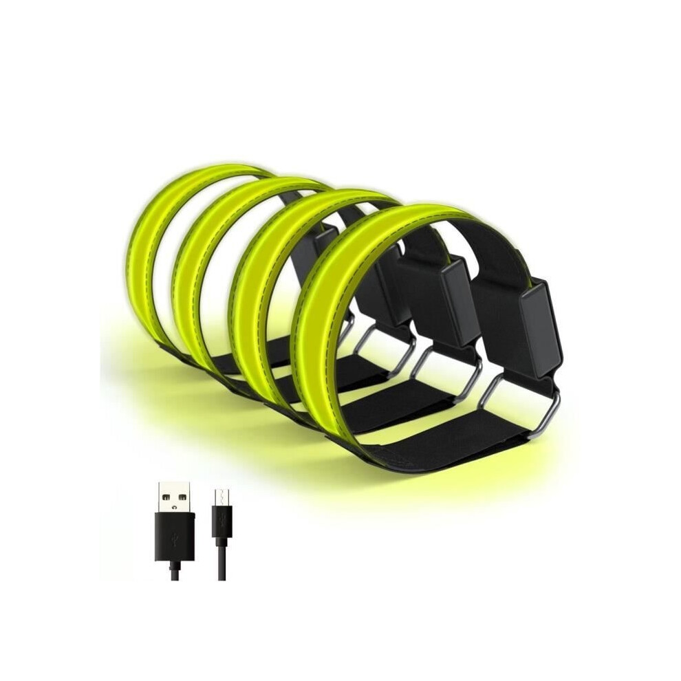 Set Of 4 Led Reflective Armbands, Rechargeable, Usb, Adjustable, For Running, Cycling, Sports, Yellow 9149891712034