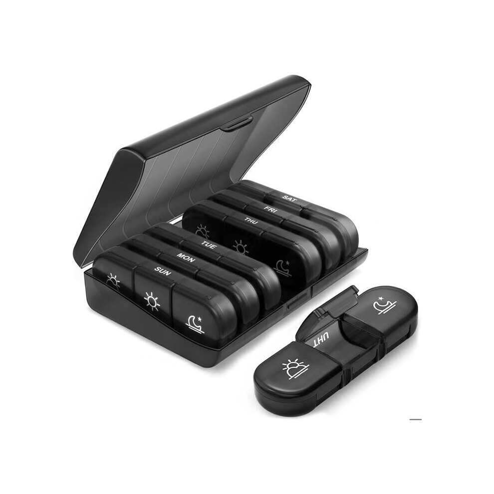 Aihontai Black 7 Days Morning Noon Evening French Weekly Pill Organizer 21 Compartments With Pouch - 3 Times A Day