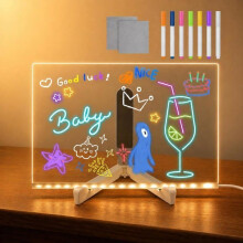 LED Light-Up Message Board, Light-Up Memo Board for Drawing, with 7 Pens and Adjustable Stand, Wipeable Transparent Board
