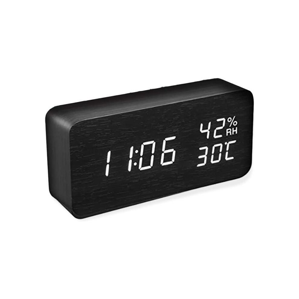 Aihontai Artificial Wood Led Alarm Clock With Time, Date, And Temperature Display, Voice Control, And Adjustable Brightness
