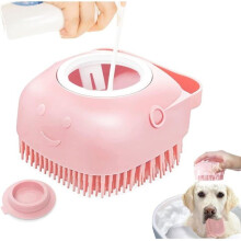 Soft Silicone Pet Bath Brush Grooming Accessory with Reservoir and Water Dispenser (PINK)