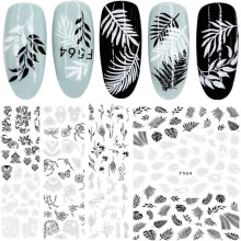 11 autocollants pour ongles auto-adhésifs, style rétro, avec motifs de dentelle française noire et blanche, de fleurs et de vigne.