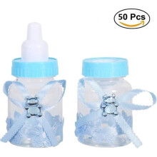 50 mini boîtes à dragées en forme de biberon avec strass et oursons, coffret cadeau de baptême (bleu)