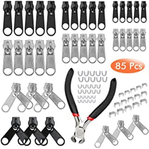 Kit de réparation de fermetures éclair avec 85 curseurs de rechange et mini-pince.