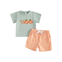 (18-24 Months, Orange) 2Pcs Toddler Boy Halloween Outfit Short Sleeve Crew Neck Pumpkim Embroidery T Shirt and Plaid Shorts Set