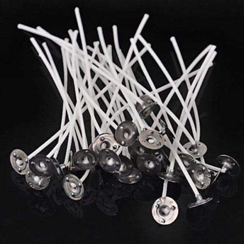 Packung mit 50 gewachsten Baumwolldochten mit Metallhaltern, 20 cm – Weiß