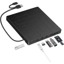 Externes CD/DVD-Laufwerk, externer USB 3.0- und Typ-C-DVD/CD-Brenner mit SD/TF-Kartenleser und USB-Anschluss, 7-in-1-CD/DVD-Player
