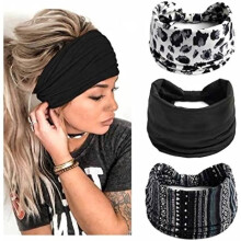 Yoga-Stirnbänder für Sport, Damen-Haarbänder, 3er-Set breite, elastische Stirnbänder mit schwarzem Blumenmuster für Damen und Mädchen
