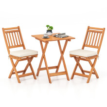 Outdoor Wood Bistro Set Folding Chair Table Set with Soft Seat Cushions