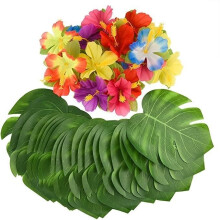 Partydekoration – Tropische Palme – Hibiskusblüten – 60 Stück – Leuchtende Farben – Künstliche Blätter