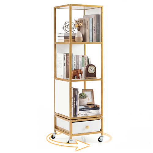 Costway 4-Tier Rotating Bookshelf on Wheels 360 Spinning Corner Shelf Tower