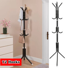 Coat Stand, Metal Coat Rack with 12 Hooks, 3 Legs, Hang Coats, Jackets, Hats, Bags, for Hallway Bedroom Office, Black