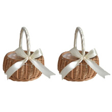 2Pcs Woven Flower Basket Rattan Storage Basket Flower Girl Hand Basket Handmade Flower Basket with Bow,Large