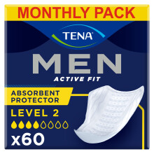 TENA Men Absorbent Protector Incontinence Pads, Level 2, 60 Incontinence Pads (10 x 6 packs) for Men of All Ages, Cup-Shaped for Medium Bladder Weakn