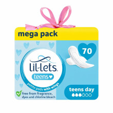 Lil-Lets Teens Day Pads X 70, Petite Towels For Girls & Teenagers, With Wings, For Light to Medium Flow, Unscented, Soft & Breathable, First Period S