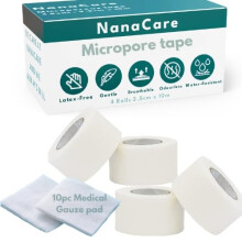 Microporous Medical Tape Waterproof, 4 Rolls 2.5cm x 10m + 10pc Gauze Pads - Hypoallergenic Surgical Tape for Wound Care, Dressings & Face, First Aid