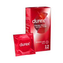 Durex Thin Feel Ultra Thin, 12 Condoms, Regular Fit, Teat Ended, Smooth Shape, With Silicone Lube, Trusted Durex Protection, Natural Latex Condoms