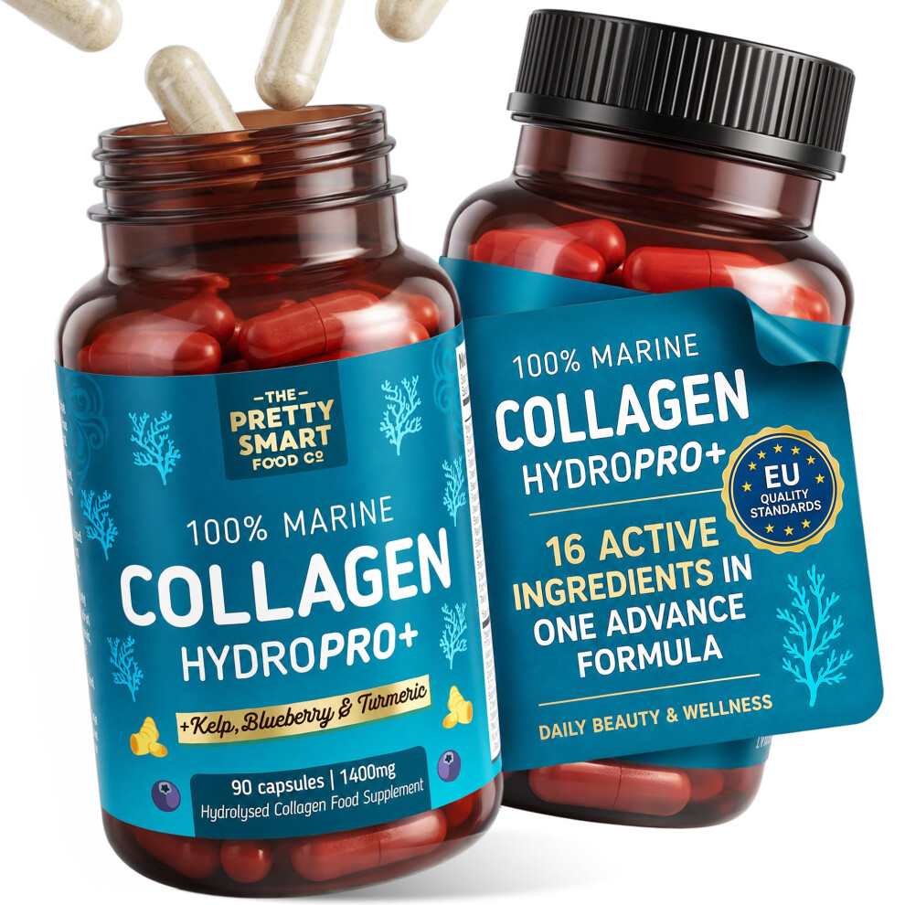 The Pretty Smart Food Co Marine Collagen Supplements For Women - With Hyaluronic Acid, Biotin, Blueberry & Vitamins - 1400Mg - Pure Hydrolyzed Peptides - 45 Day Supply - 90 C