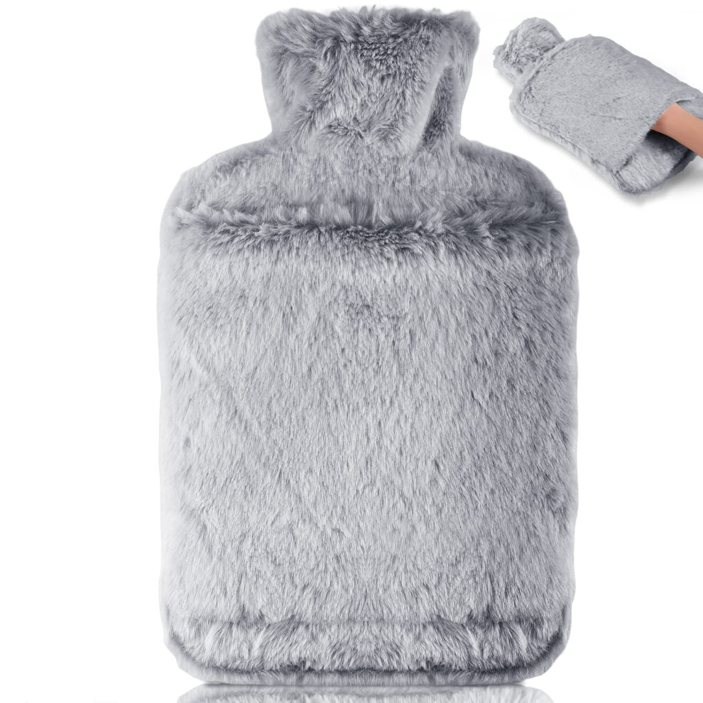 Bolei Hot Water Bottle With Luxury Cosy Faux Fur Cover,2L Leakproof Large Hot Water Bag For Neck,Shoulder,Hand Feet Warmer,Gifts For Women,Men(Grey)