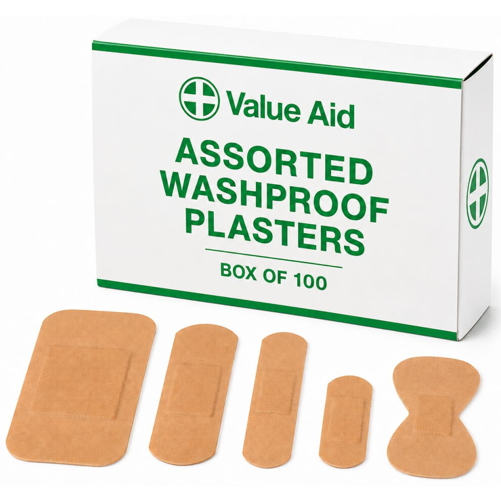 Value Aid Assorted Washproof Plasters - Pack Of 100 Individually Wrapped Hypoallergenic, Latex-Free Adhesive - 5 Popular Sizes For First Aid Kit & On