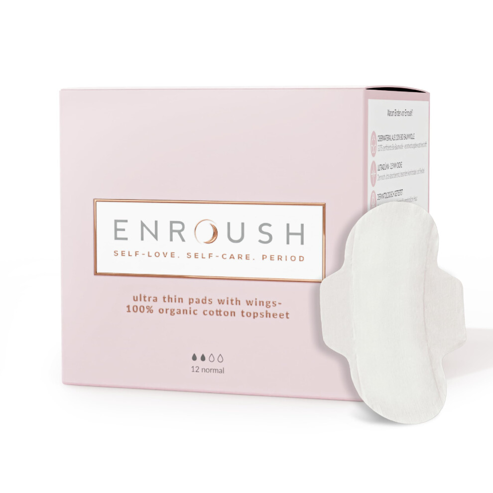 Enroush Organic Cotton Sanitary Pads With Wings | Period & Menstrual Pads For Women | Pure, Non-Toxic, Hypoallergenic | Ultra-Absorbent, No Irritatio