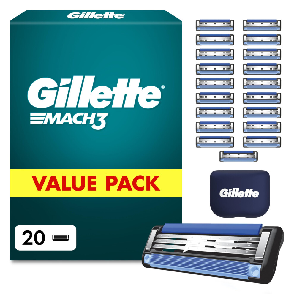 Gillette Mach3, 3-Bladed Razor, 20 Razor Blade Refills, With Blade Cover