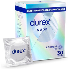 Durex Nude, Ultra Thin, 30 Condoms, Regular Fit, with Silicone Lube, Easy on Shape, Teat Ended, Our Thinnest Latex Condom Yet, Transparent Natural La