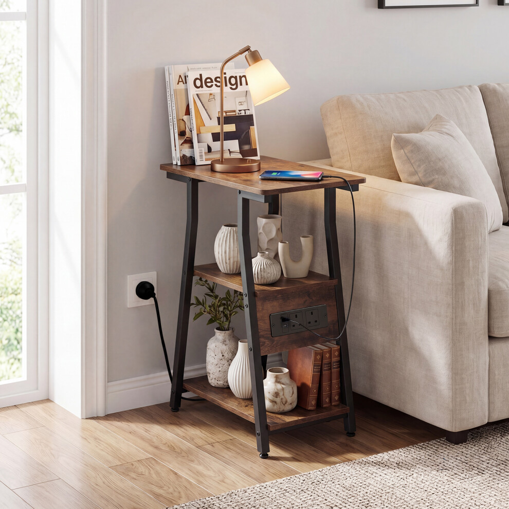 Costway End Table With Charging Station 3-Tier Industrial Side Table Nightstand