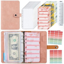 A6 Budgetplanner met ringband, notitieboek van imitatieleer met 12 ringbanden, notitieboeken, roze - MCJ