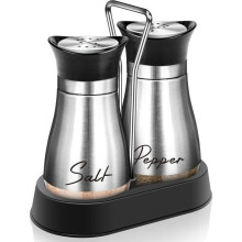 Set van 2 zout- en peperstrooiers - 120 ml roestvrijstalen en glazen kruidenpotjes - Zout en peper met bijpassende houder - Zilver