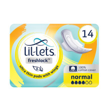 Lil-Lets Freshlock Ultra Thin Period Pads - 14 Count (1 Pack), Normal Absorbency, with Wings, Unscented, 100% Cotton Cover, Regular Absorbency Sani