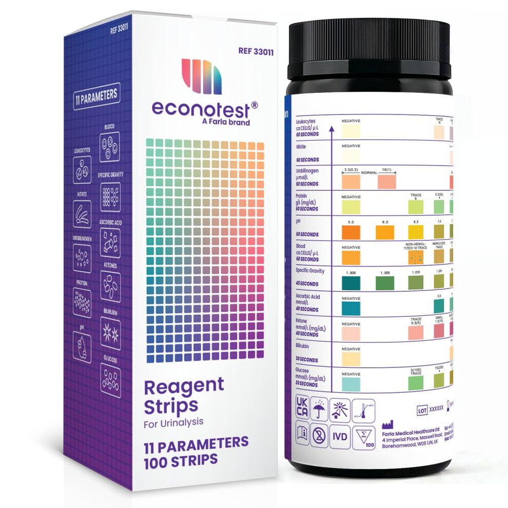 Farla Medical Econotest Reagent 11-In-1 Urine Test Strips 100 Dipsticks - Urine Test Kit With Leucocytes, Blood, Glucose, Nitrite, Ketones, Protein, Bilirubin, Ph,