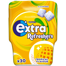 Wrigley's Extra Refreshers Tropical Sugar Free Chewing Gum Bottle with Xylitol, 30 Pieces - Fresh Breath Fruit Gum - Air Travel Essentials, Festival