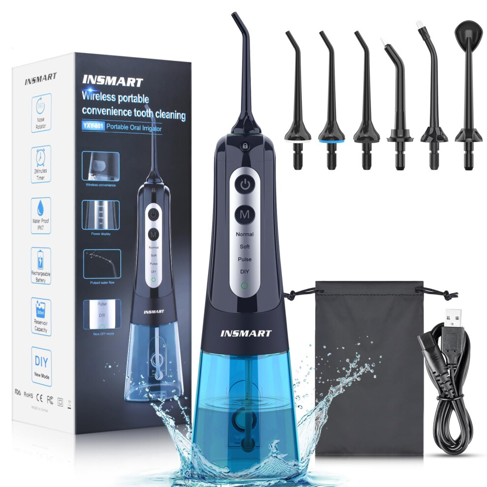 Insmart Cordless Water Dental Flosser Teeth Cleaner, Professional 300Ml Tank Diy Mode Rechargeable Dental Oral Irrigator For Home And Travel, Ipx7 Wa