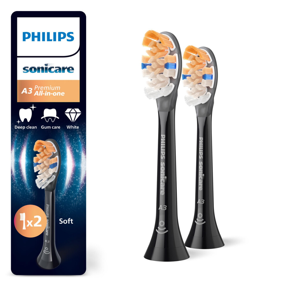Philips Sonicare A3 Premium All-In-One, Genuine Replacement Toothbrush Heads, 2 Pack, Hx9092/88 Black