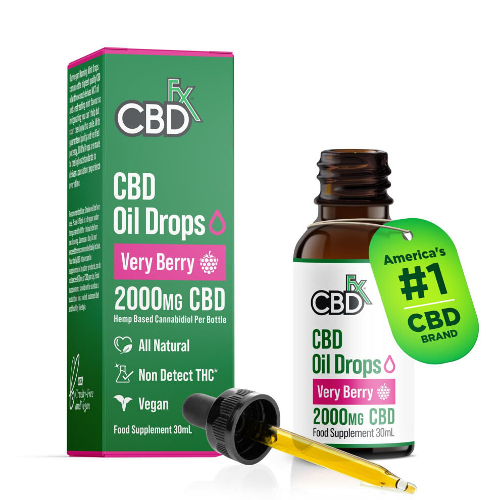 Cbdfx 2000Mg Cbd Oil, High Strength Cbd Oil For Stress, Anxiety & Sleep Support, Very Berry Flavoured Cbd Drops, Blended With Mct Oil, No Thc, 30Ml